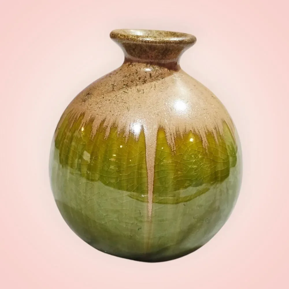 Pottery Bud Vase Green Tan Drip‎ Glaze 5